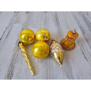 Vintage yellow bell icicle ball tinsel glass ornament mercury shiny bright Xmas‎
